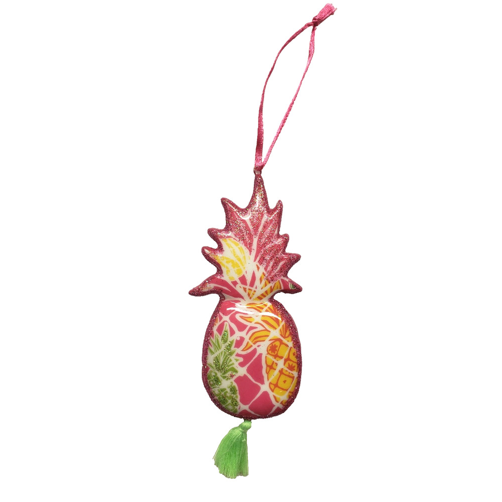 Pink Sparkly Pineapple Ornament Yellow Green Tropical Fringe Large 5.5"